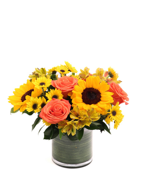 Sunflowers and Cayenne Roses in a Modern White Vase Floral Arrangement