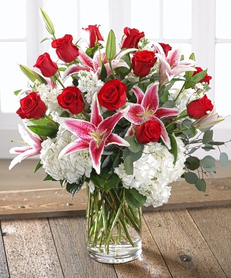 Crazy For You - 1 Dozen Roses + Hydrangea, Stock & Stargazer Lilies