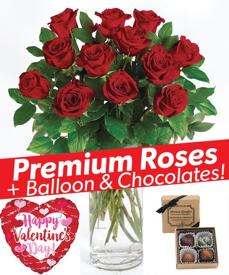 The Sweetheart Package - Premium Red Roses + Chocolates + Valentine Balloon