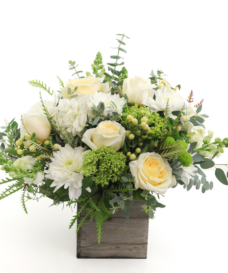 White Roses, Full Bloom Hydrangea, Mums, Stock, Hypericum