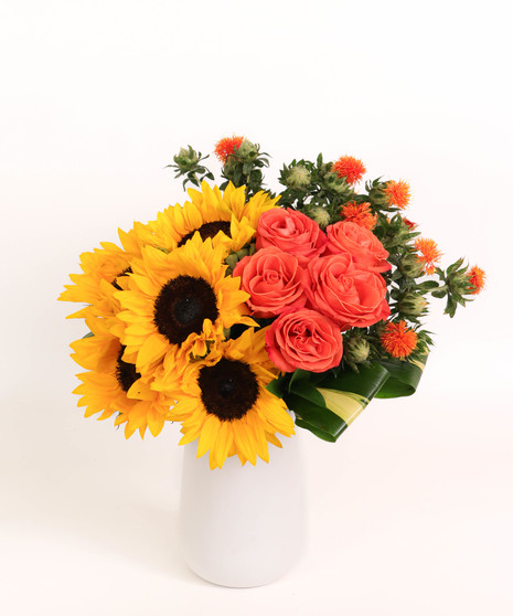 Sunflowers and Cayenne Roses in a Modern White Vase Floral Arrangement